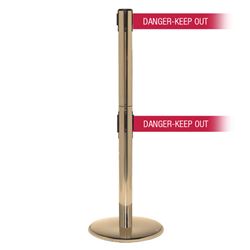 QueuePro 250 Twin Xtra, Satin Brass, Barrier with double 3" wide 11' DANGER-KEEP OUT - RED Belt
