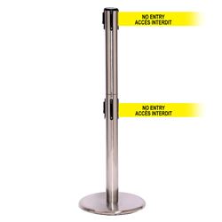 QueuePro 250 Twin Xtra, Satin Chrome, Barrier with double 3" wide 11' ACCES INTERDIT Belt