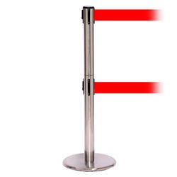 QueuePro 250 Twin Xtra, Satin Chrome, Barrier with double 3" wide 11' Red Belt