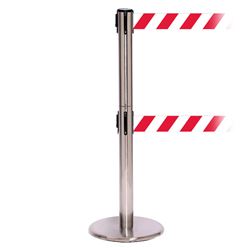 QueuePro 250 Twin Xtra, Satin Chrome, Barrier with double 3" wide 11' Red/White Diagonal Belt