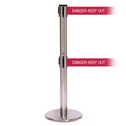 QueuePro 250 Twin Xtra, Satin Chrome, Barrier with double 3" wide 11' DANGER-KEEP OUT - RED Belt