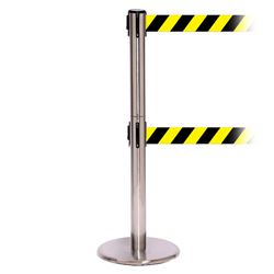 QueuePro 250 Twin Xtra, Satin Chrome, Barrier with double 3" wide 11' Yellow/Black Diagonal Belt