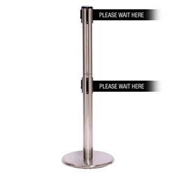 QueuePro 250 Twin Xtra, Satin Stainless, Barrier with double 3" wide 11' PLEASE WAIT HERE Belt