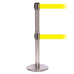 QueuePro 250 Twin Xtra, Satin Stainless, Barrier with double 3" wide 11' Yellow Belt