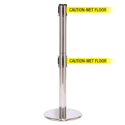 QueuePro 300 Twin, Polished Chrome, Barrier with 16' CAUTION-WET FLOOR Belt
