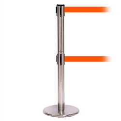 QueuePro 300 Twin, Satin Chrome, Barrier with 16' Fluorescent Orange Belt