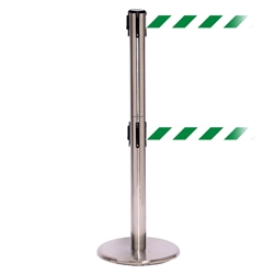 QueuePro 300 Twin, Satin Stainless, Barrier with 16' Green/White Diagonal Belt