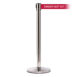 QueueMaster 550 Xtra, Polished Stainless, Barrier with 3" wide 11' DANGER-KEEP OUT - RED Belt
