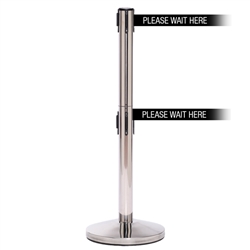 QueueMaster 550 Twin, Polished Stainless, Barrier with double 11' PLEASE WAIT HERE Belt