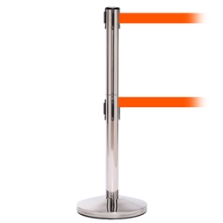 QueueMaster 550 Twin, Polished Stainless, Barrier with double 11' Fluorescent Orange Belt