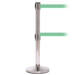 QueueMaster 550 Twin, Polished Stainless, Barrier with double 11' Light Green Belt