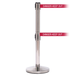 QueueMaster 550 Twin, Polished Stainless, Barrier with double 11' DANGER-KEEP OUT - RED Belt