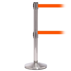 QueueMaster 550 Twin, Satin Stainless, Barrier with double 11' Fluorescent Orange Belt