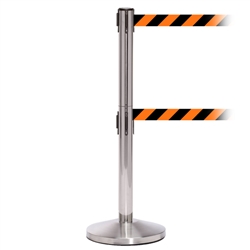 QueueMaster 550 Twin, Satin Stainless, Barrier with double 11' Orange/Black Diagonal Belt