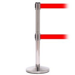 QueueMaster 550 Twin Xtra, Polished Stainless, Barrier with 3" wide double 11' Red Belt