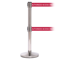 QueueMaster 550 Twin Xtra, Polished Stainless, Barrier with 3" wide double 11' AUTHORIZED ACCESS ONLY - RED Belt