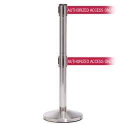 QueueMaster 550 Twin Xtra, Satin Stainless, Barrier with 3" wide double 11' AUTHORIZED ACCESS ONLY - RED Belt
