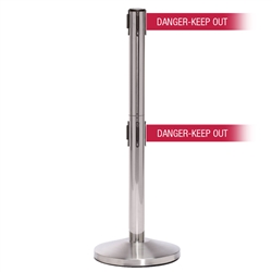 QueueMaster 550 Twin Xtra, Satin Stainless, Barrier with 3" wide double 11' DANGER-KEEP OUT - RED Belt