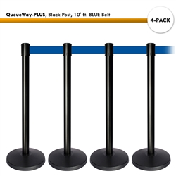 Kit: 4 QueueWay-PLUS Stantions, Black Post, 10' ft. BLUE Belt