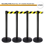 Kit: 4 QueueWay-PLUS Stantions, Black Post, 10' ft. BLACK/YELLOW Belt