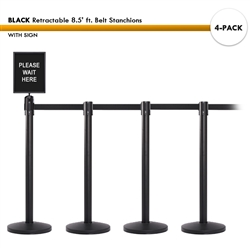SET: 4 BLACK Retractable 8.5' ft. Belt Stanchions, with Sign