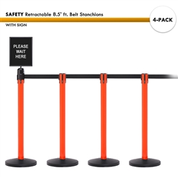 SET: 4 SAFETY Retractable 8.5' ft. Belt Stanchions, with Sign