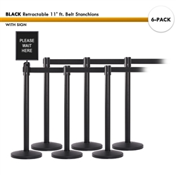 SET: 6 BLACK Retractable 11' ft. Belt Stanchions, with Sign