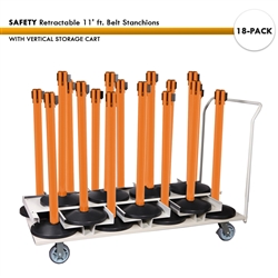 SET: 18 Safety Retractable 11' ft. Belt Stanchions, with Vertical Storage Cart