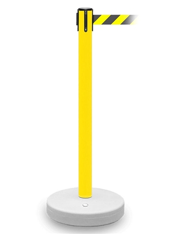 Yellow PVC Belt Stanchion with 8.5â€™ ft Chevron Belt and Fillable Base QUGMY-YB85CV