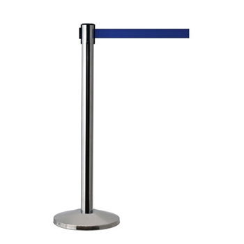 QueueWay Retractable Belt Stanchion,  Polished Stainless Post, BLUE 7.5' ft. Belt