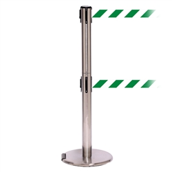 RollerPro 250 Twin, Satin Chrome, Barrier with double 11' Green/White Diagonal Belt