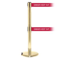 RollerPro 250 Twin Xtra, Polished Brass, Barrier with double 3" wide 11' DANGER-KEEP OUT - RED Belt