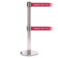 RollerPro 250 Twin Xtra, Polished Chrome, Barrier with double 3" wide 11' DANGER-KEEP OUT - RED Belt