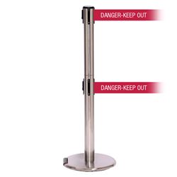 RollerPro 250 Twin Xtra, Satin Chrome, Barrier with double 3" wide 11' DANGER-KEEP OUT - RED Belt