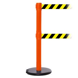 RollerSafety 250 Twin Xtra, Orange, Barrier with double 3" wide 11' Yellow/Black Diagonal Belt