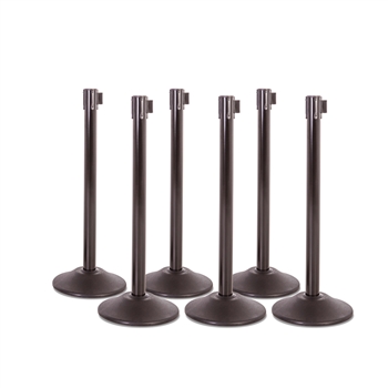 Kit: Premium Retractable Belt Stanchion - Black steel post with 15lb base & 7.5' black belt (6 PACK)