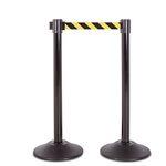 Premium Retractable Belt Stanchion - Black steel post & with 15lb base & 7.5' safety yellow/black chevron belt (2 pack)