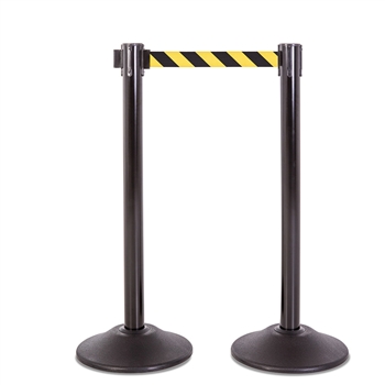 Premium Retractable Belt Stanchion - Black steel post & with 15lb base & 7.5' safety yellow/black chevron belt (2 pack)