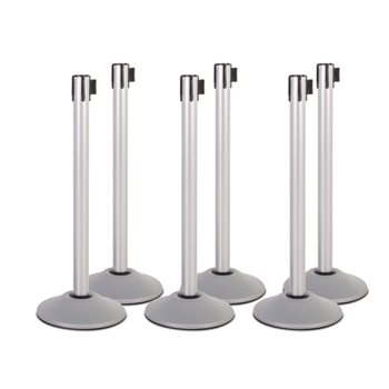 Kit: Premium Retractable Belt Stanchion - Silver powder coated steel post with 15lb base & 7.5' black belt (6 PACK)