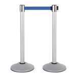 Premium Retractable Belt Stanchion - Silver powder coated steel post with 15lb base & 7.5' blue belt (2 pack)