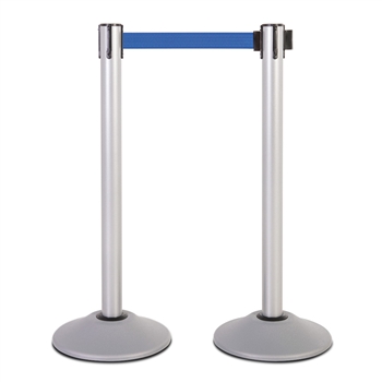 Premium Retractable Belt Stanchion - Silver powder coated steel post with 15lb base & 7.5' blue belt (2 pack)