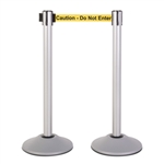 Premium Retractable Belt Stanchion - Silver powder coated steel post with 15lb base & 7.5' "Caution - Do Not Enter" belt (2 pack)