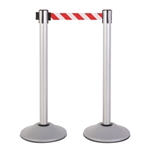 Premium Retractable Belt Stanchion - Silver powder coated steel post with 15lb base & 7.5' danger red/white chevron belt (2 pack)