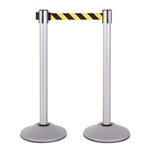 Premium Retractable Belt Stanchion - Silver powder coated steel post with 15lb base & 7.5' safety yellow/black chevron belt (2 pack)