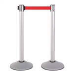 Premium Retractable Belt Stanchion - Silver powder coated steel post with 15lb base & 7.5' red belt (2 pack)