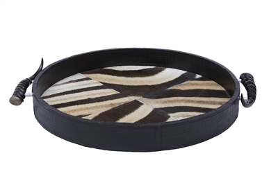 Leather Round Zebra Inlay Tray by Ngala Trading Co.