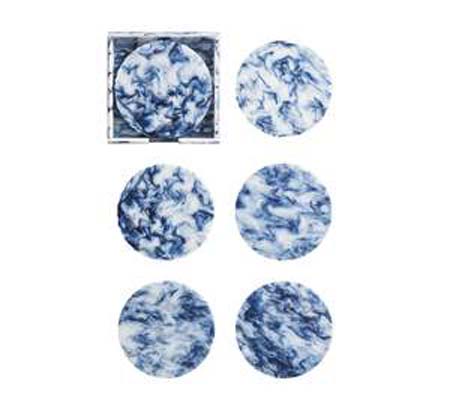 Wave Drink Coasters in White & Navy, Set of 6 in a Caddy by Kim Seybert