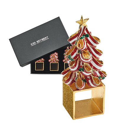 Kim Seybert - Holiday Tree Napkin Ring in Red, Green & Gold - Set of 4 in a Gift Box