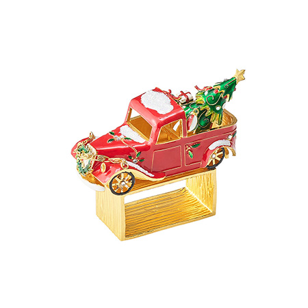 Kim Seybert - Xmas Truck Napkin Ring in Red, Green & Gold - Set of 4 in a Gift Box