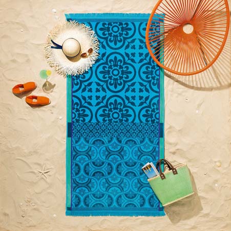 Santorin Turquoise Beach linen Beach Towel 39" x 79" by Le Jacquard Francais